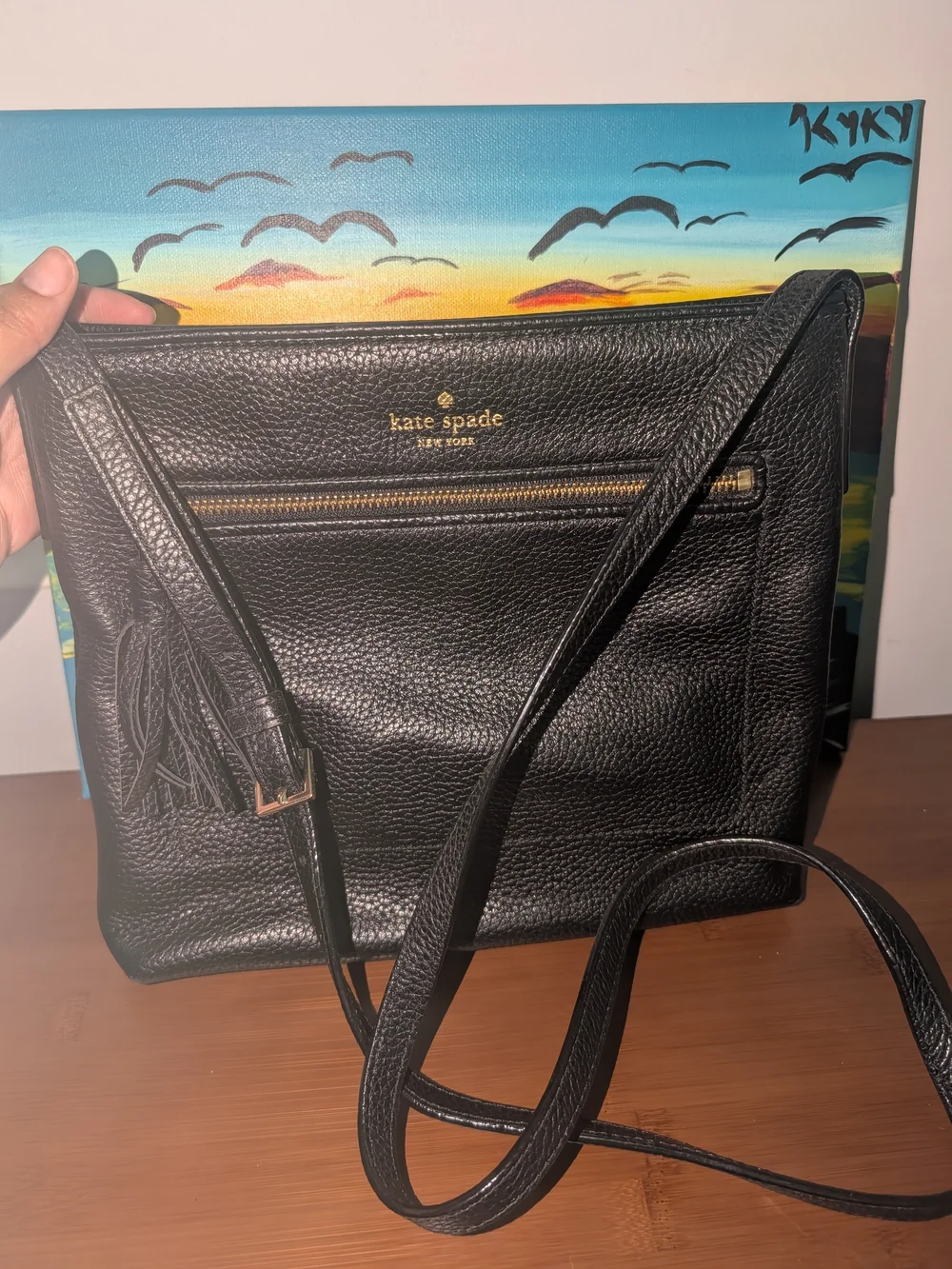 kate spade Black Pebbled Leather Crossbody with Tassel Zip Pocket